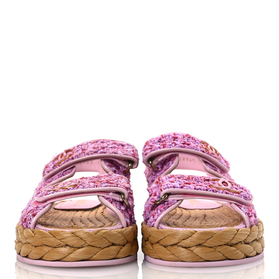 Chanel Tweed Patent Calfskin Velcro Dad Sandals 36 Light Purple Pink Red Image 3