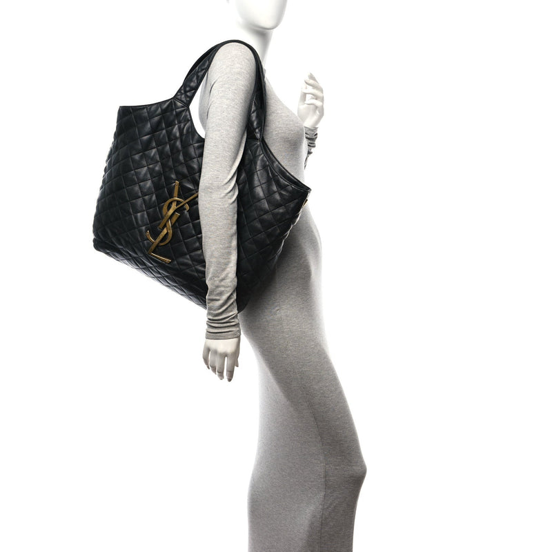 Saint Laurent Lambskin Quilted Maxi Icare Shopping Tote Black