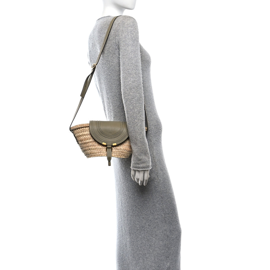 Chloe Raffia Small Grain Calfskin Small Marcie Basket Shoulder Bag Pottery Green Image 2