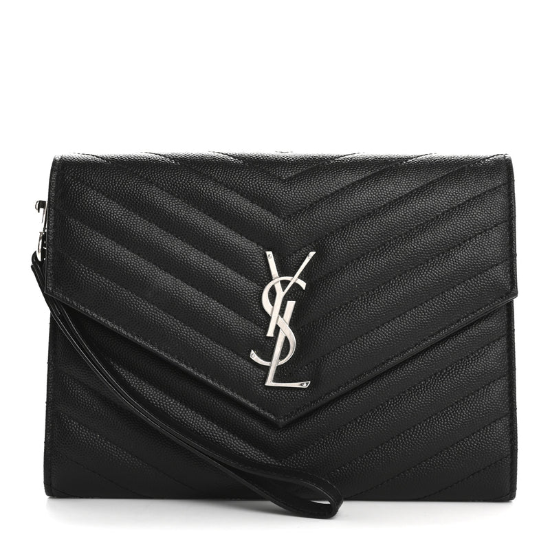  Saint Laurent Grain De Poudre Matelasse Chevron Monogram Envelope Clutch Black