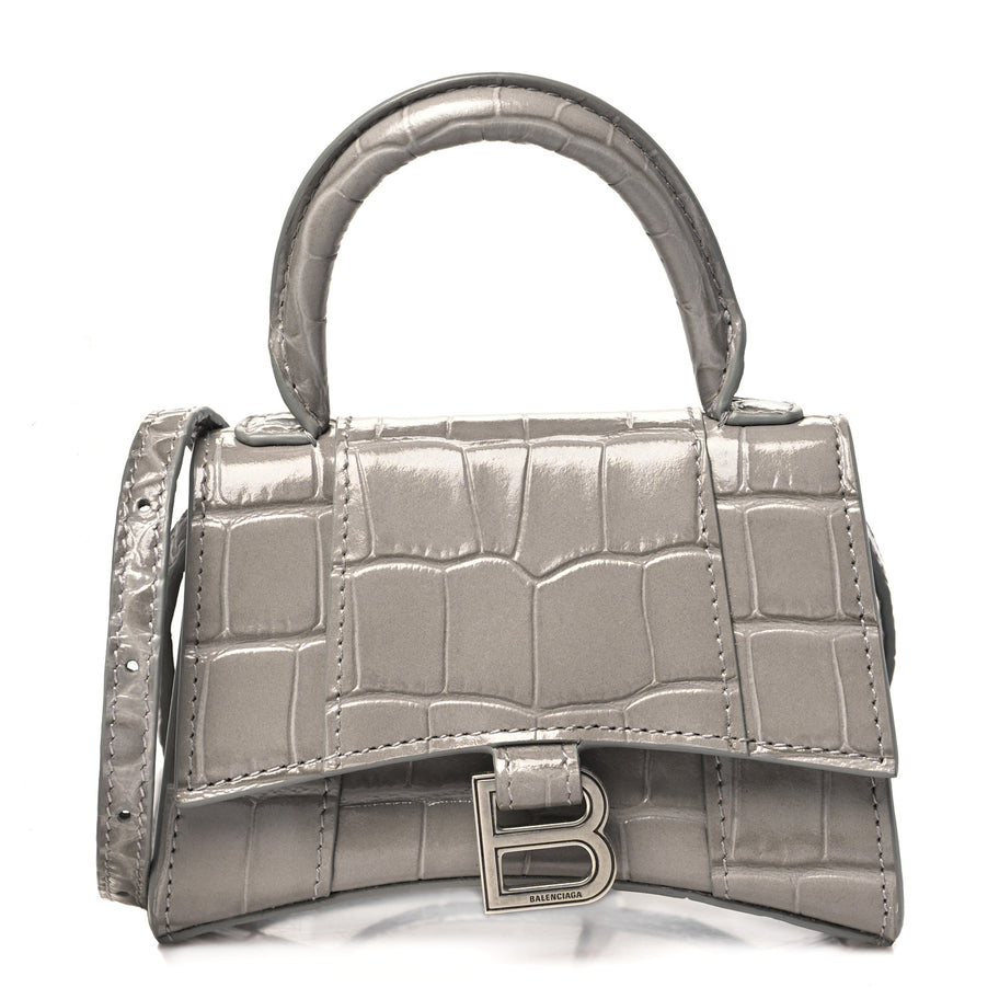 Balenciaga Shiny Calfskin Crocodile Embossed Hourglass Top Handle Bag Mini Steel Grey Image 1
