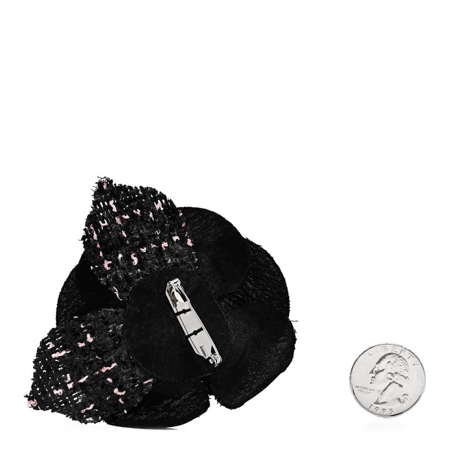 Chanel Tweed Camellia Pin Brooch Black Pink Image 2