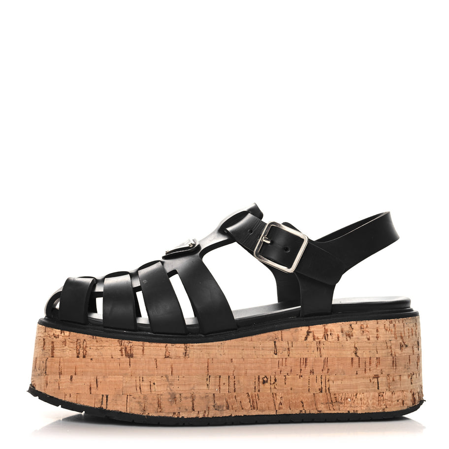 Prada Rubber Soft Cork Triangle Fisherman 75mm Platform Sandals 37 Black Image 1