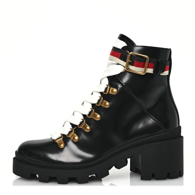  Gucci Calfskin Sylvie Web Womens Lace Up Combat Boots 35 Black