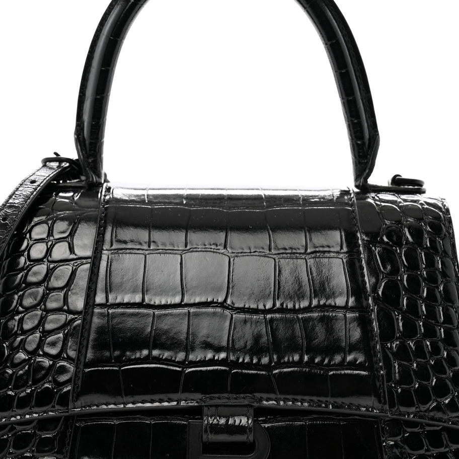 Balenciaga Shiny Calfskin Monochrome Crocodile Embossed Small Hourglass Top Handle Bag Black Image 7