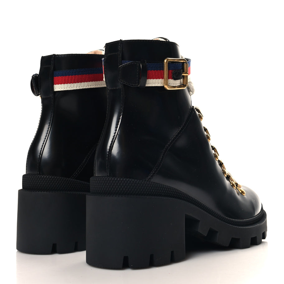 Gucci Calfskin Sylvie Web Lace Up Combat Boots 35 Black Image 5