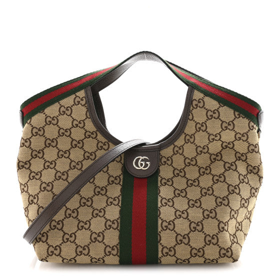  Gucci Monogram Web Small Giglio Tote Beige Dark Brown