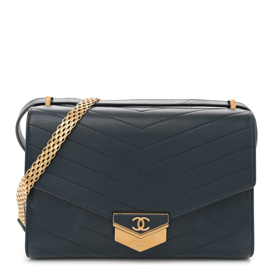 Chanel Calfskin Chevron Quilted Medal Flap Navy Image 1