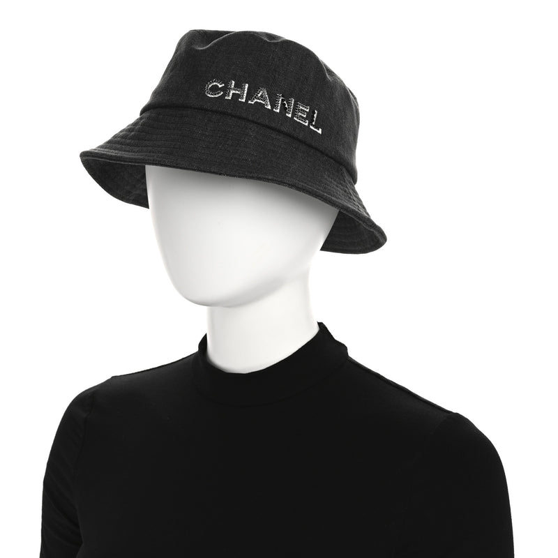  Chanel Denim Sequin Cloche Logo Bucket Hat M Black