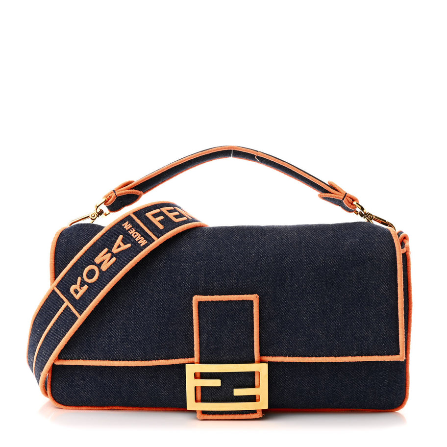 Fendi Denim Large Baguette Blue Arancio Fluo Image 1