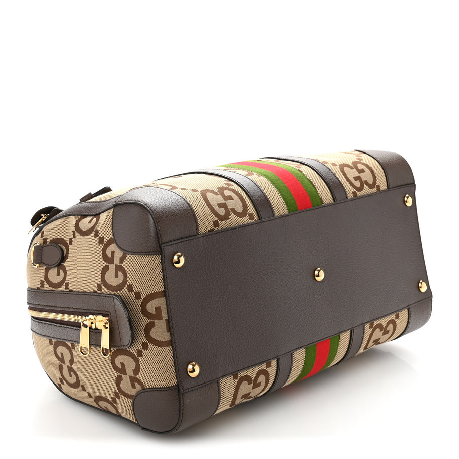 Gucci Monogram Jumbo GG Textured Dollar Calfskin Web Medium Duffle Bag Camel Ebony Image 3