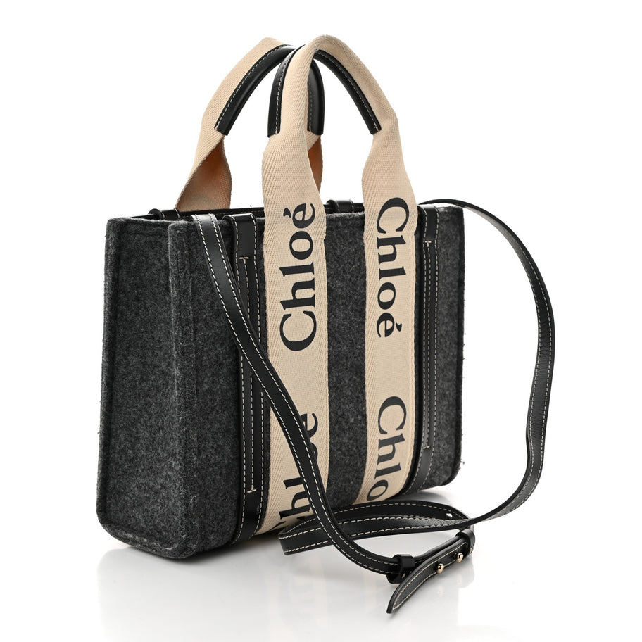 Chloe Felt Calfskin Small Woody Ribbon Tote With Strap Cashmere Grey Image 3