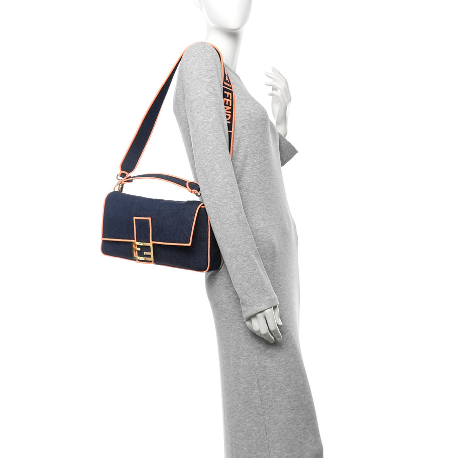 Fendi Denim Large Baguette Blue Arancio Fluo Image 2