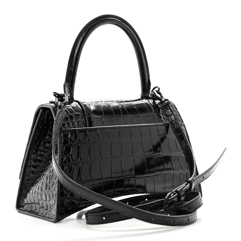 Balenciaga Shiny Calfskin Monochrome Crocodile Embossed Small Hourglass Top Handle Bag Black Image 2