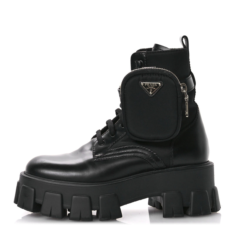  Prada Spazzolato Rois Re-Nylon Metal Triangle Logo Monolith Pouch Pocket 55mm Boots 35.5 Black