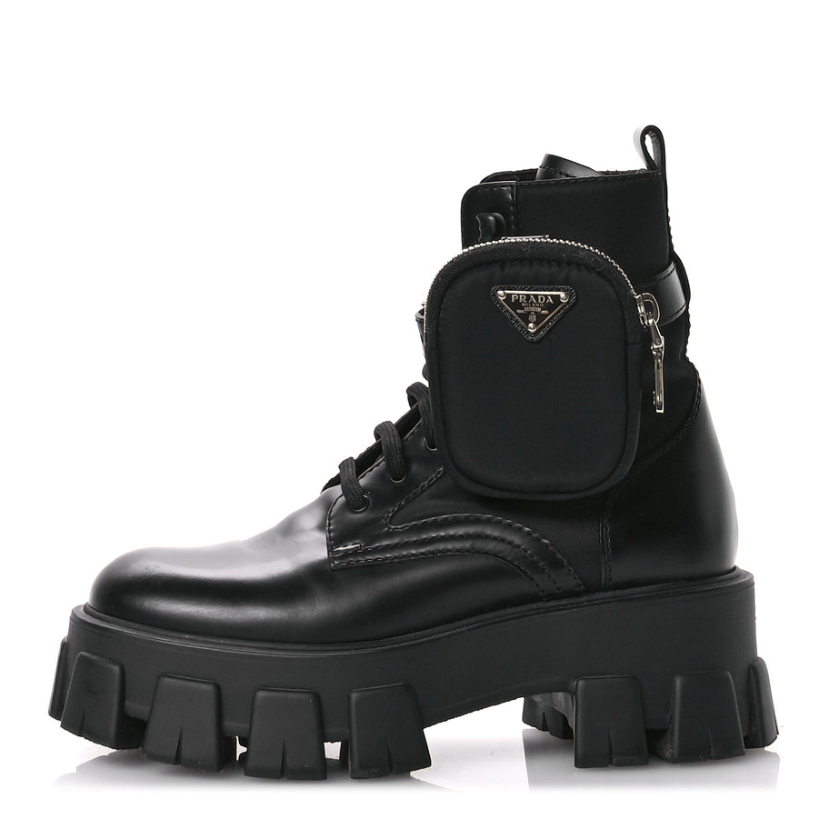 Prada Spazzolato Rois Re-Nylon Metal Triangle Logo Monolith Pouch Pocket 55mm Boots 35.5 Black Image 1