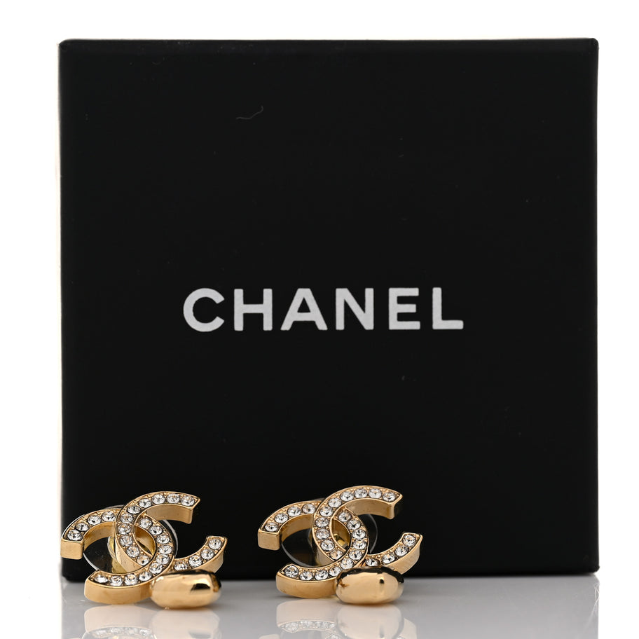 Chanel Metal Crystal CC Heart Drop Earrings Gold Image 5