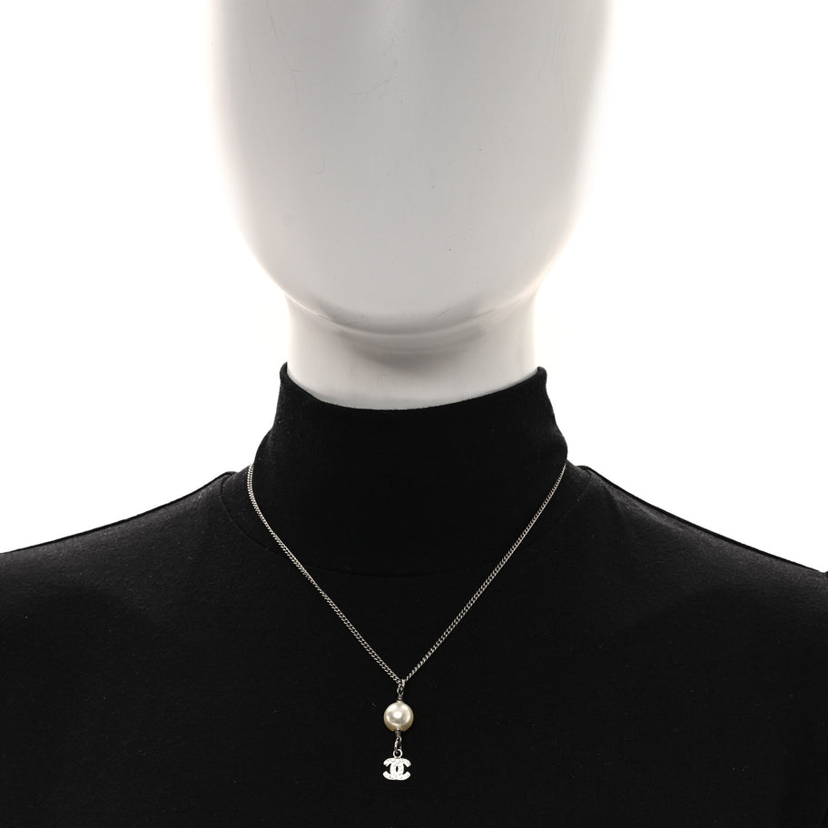 Chanel Pearl Crystal CC Pendant Necklace Silver Image 2