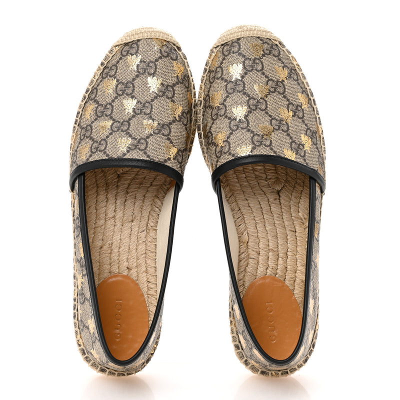  Gucci GG Supreme Monogram Bees Espadrille Flats 38.5 Beige Ebony Oro Black