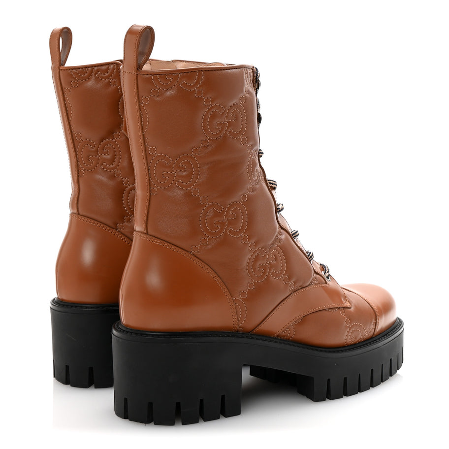 Gucci Cordovan Lux Nappa GG Matelasse Lace Up 60mm Combat Boots 37.5 Dark Hazel Brown Image 5