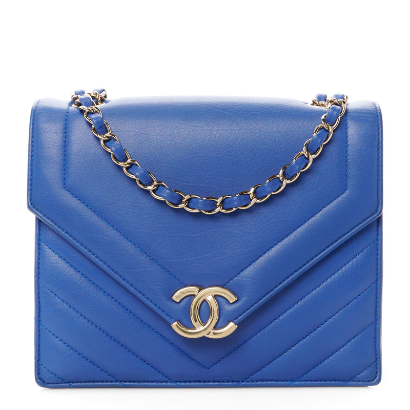  Chanel Calfskin Quilted Chevron Small Single Flap Blue