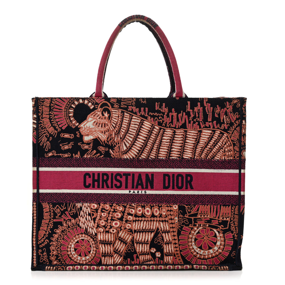 Christian Dior Canvas Embroidered Dior Animals Tiger Book Tote Deep Blue Fuchsia Image 1