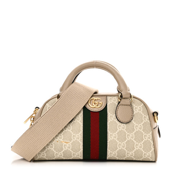  Gucci GG Supreme Monogram Textured Dollar Calfskin Web Mini Ophidia Top Handle Bowler Bag Beige Mystic White Oatmeal
