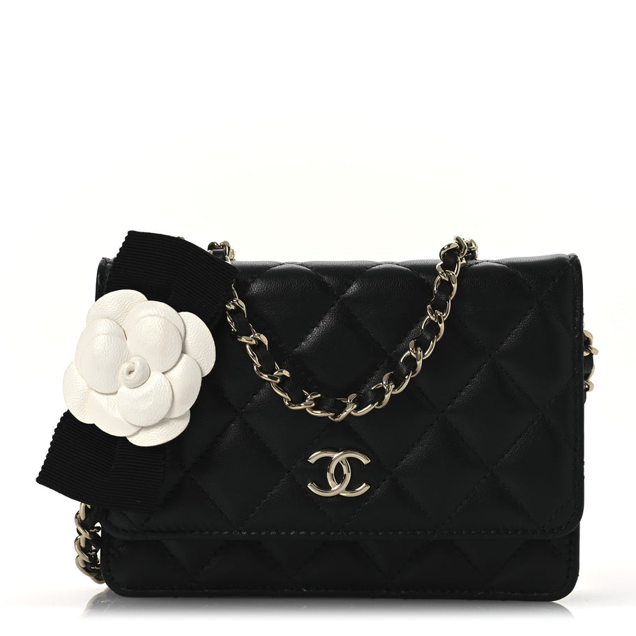 Chanel Lambskin Quilted Mini Camellia Bow Wallet On Chain WOC Black Image 1