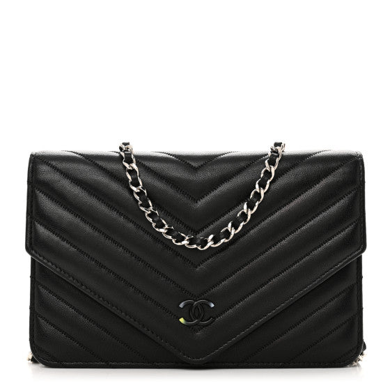 Chanel Sheepskin Chevron Wallet On Chain WOC Black Image 1