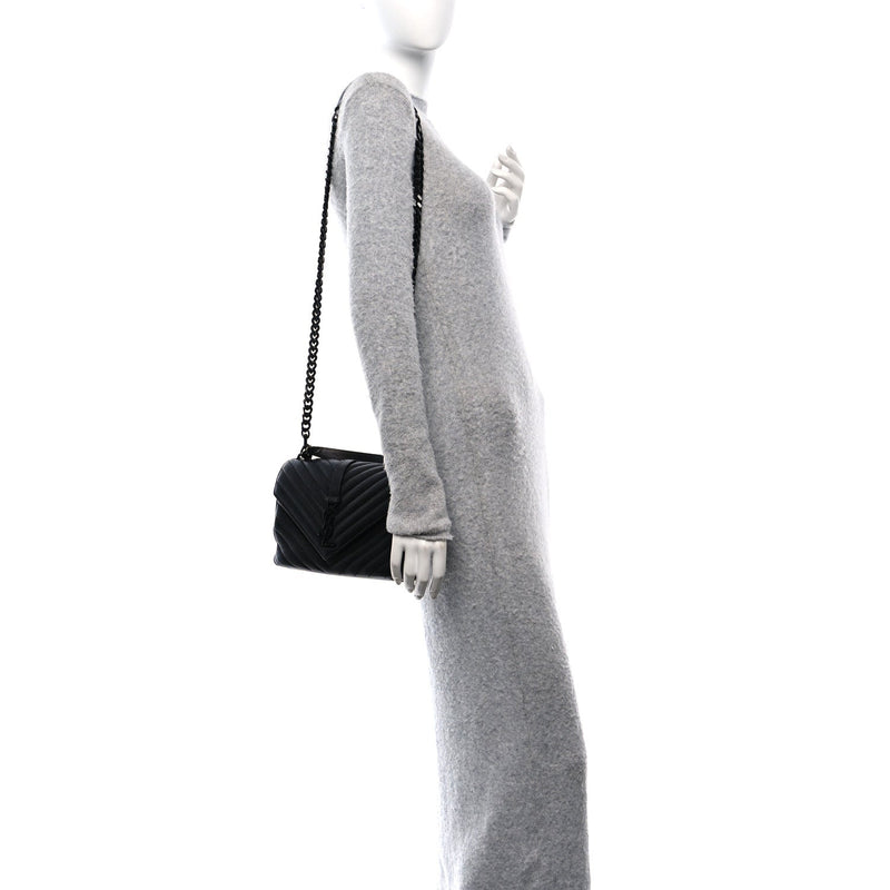  Saint Laurent Sheepskin Matelasse Chevron Monogram Monochrome Medium College Bag Black