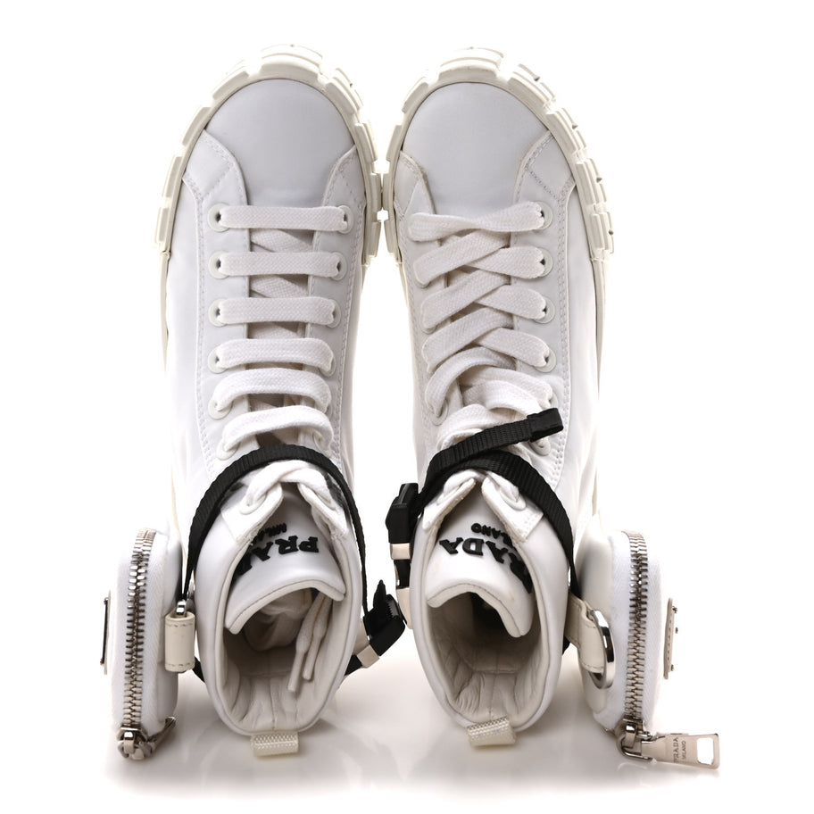Prada Re-Nylon Gabardine Metal Triangle Logo Wheel Pouch Pocket High Top Sneakers 35.5 White Image 2