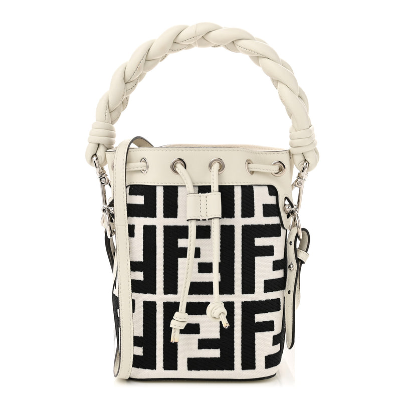  Fendi Canvas Nappa F is FF Embroidered Mini Mon Tresor Bucket Bag White Black