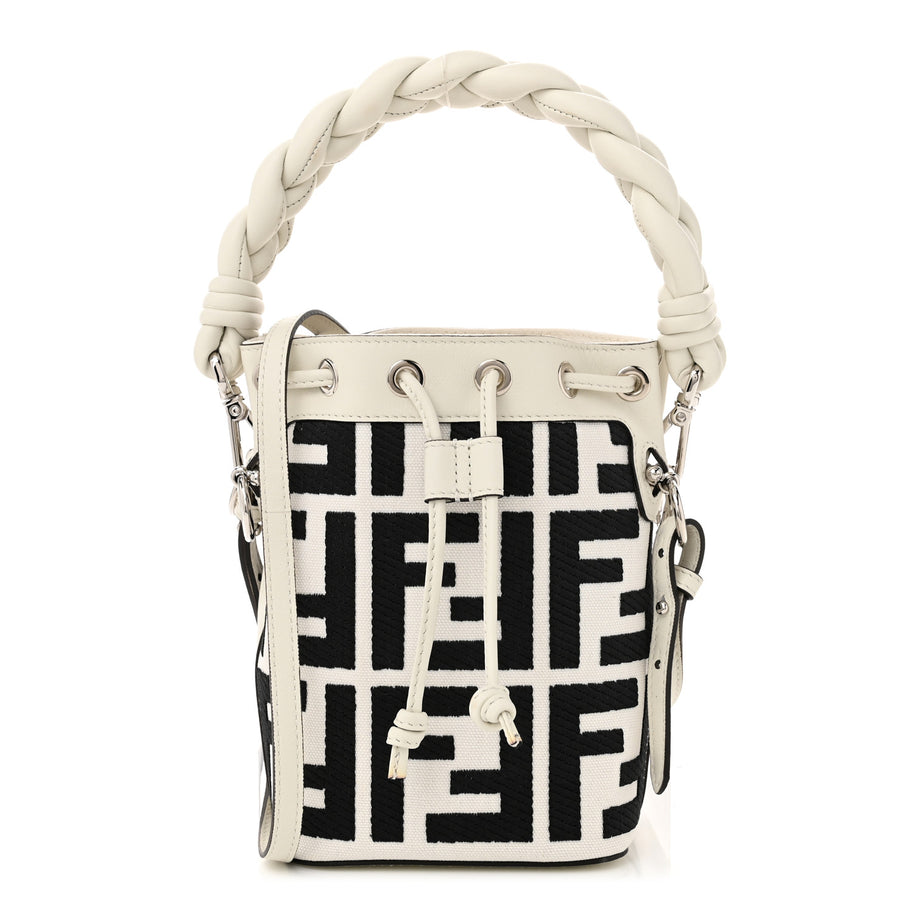 Fendi Canvas Nappa F is FF Embroidered Mini Mon Tresor Bucket Bag White Black Image 1