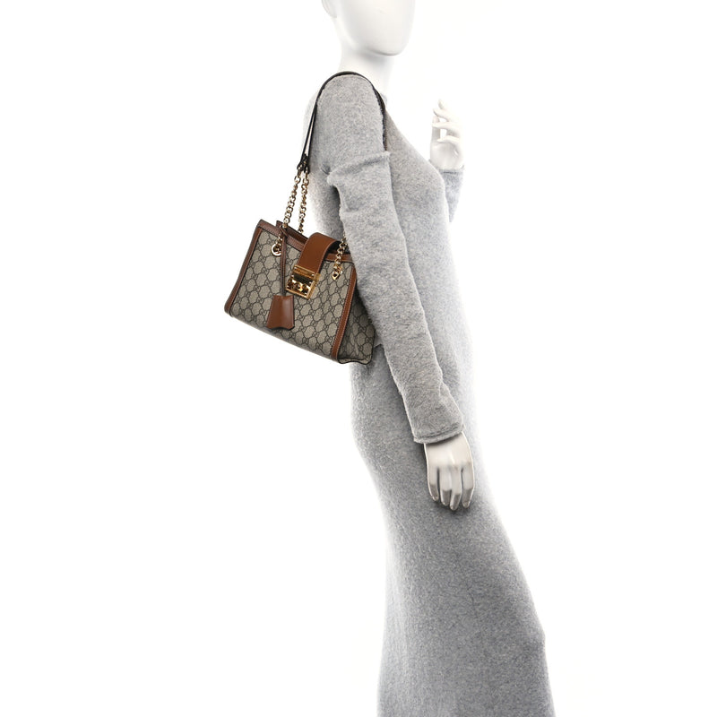  Gucci GG Supreme Monogram Calfskin Small Padlock Tote Beige Ebony Tuscany