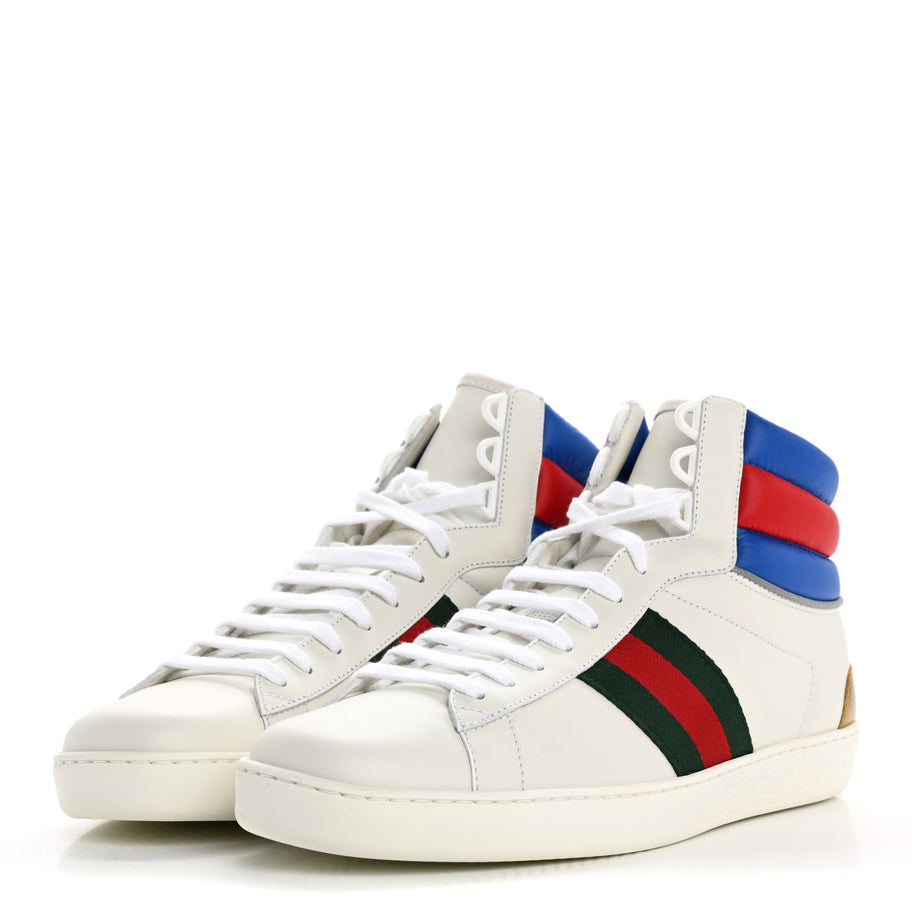 Gucci Calfskin Web Mens Ace High Top Sneakers 9 White Bright Splash Image 4