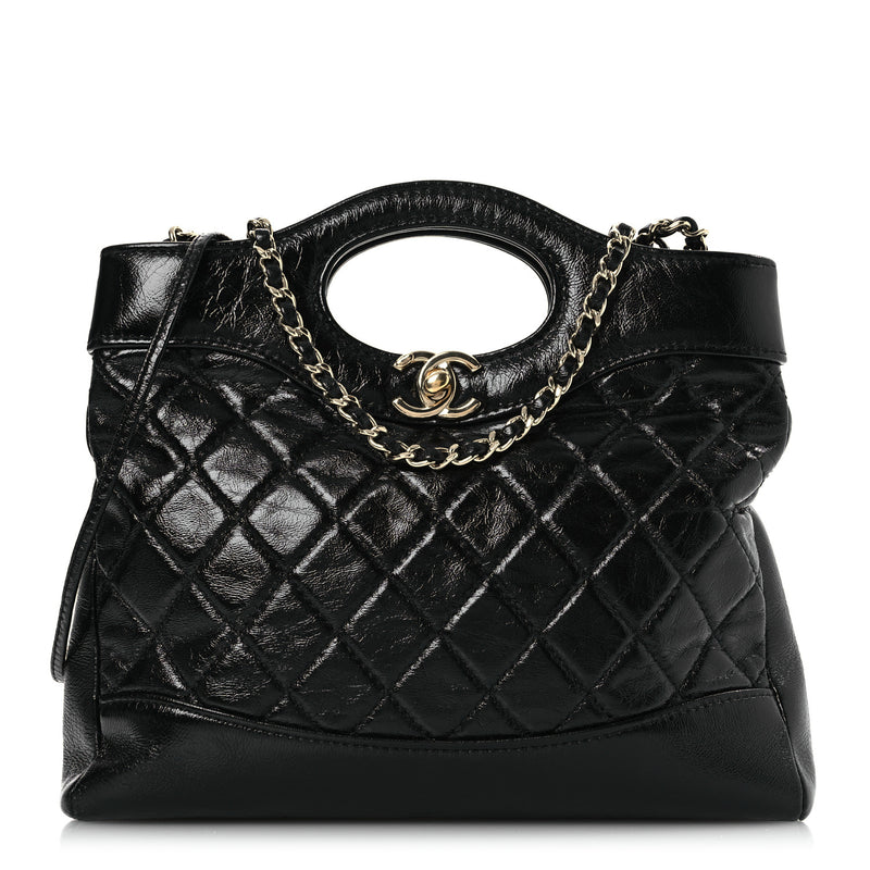  Chanel Shiny Crumpled Calfskin Quilted Mini 31 Shopping Bag Black