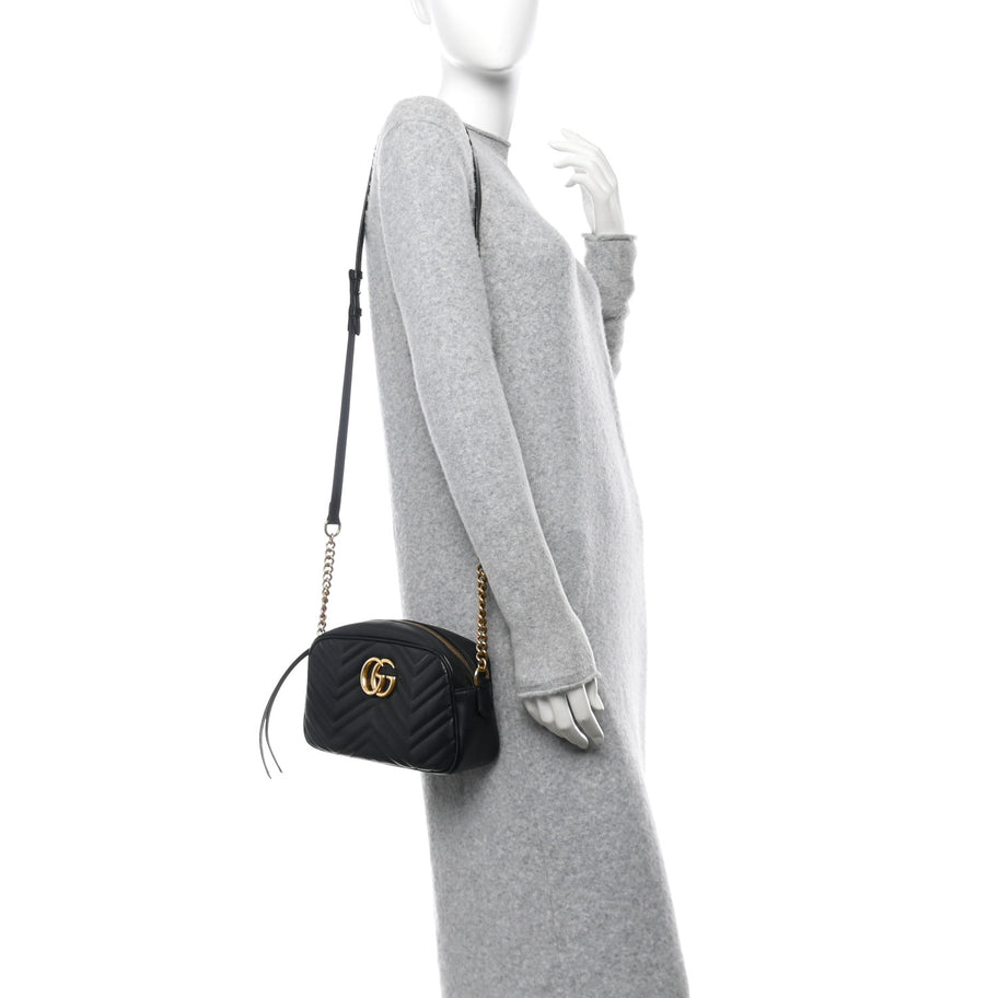 Gucci Calfskin Matelasse Small GG Marmont Chain Shoulder Bag Black Image 2