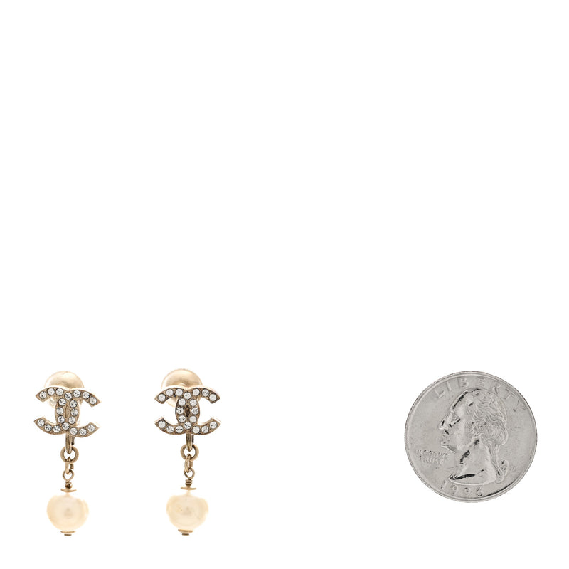  Chanel Pearl Crystal CC Drop Clip On Earrings Gold White