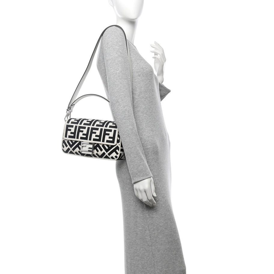 Fendi Canvas Vitello King FF Embroidered Baguette White Black Image 2
