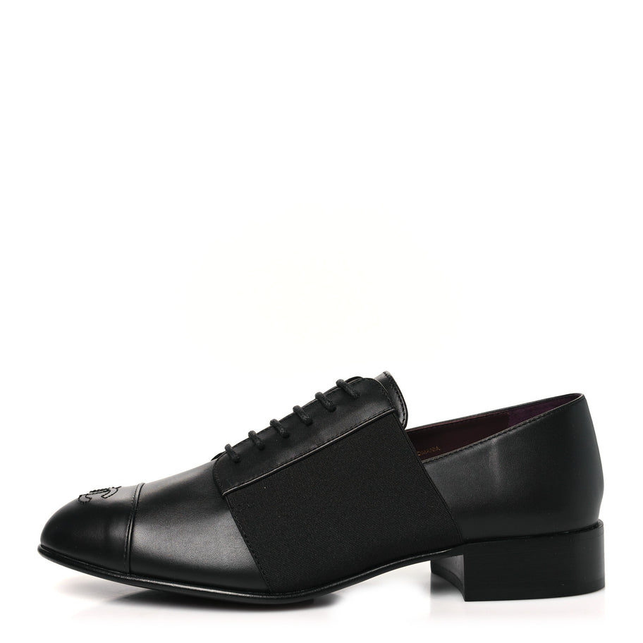 Chanel Calfskin Elastic Lace Up Cap Toe CC Loafers 37 Black Image 1