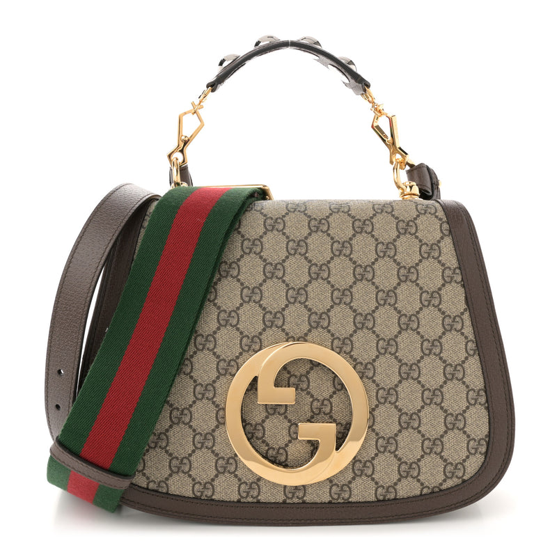 Gucci GG Supreme Monogram Textured Dollar Calfskin Web Medium Blondie Top Handle Shoulder Flap Bag Beige Ebony New Acero