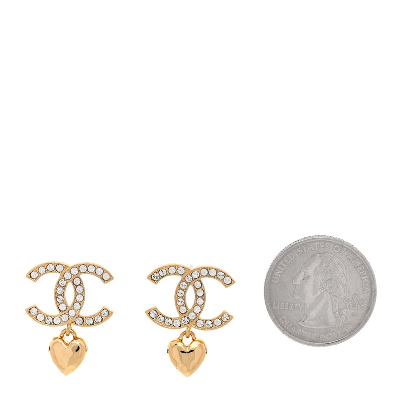  Chanel Metal Crystal CC Heart Drop Earrings Gold
