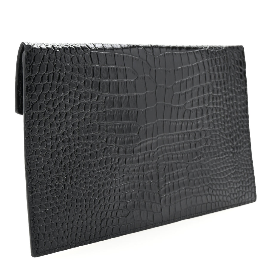 Saint Laurent Calfskin Crocodile Embossed Uptown Monogram Clutch Black Image 3