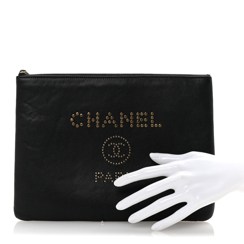  Chanel Caviar Studded Medium Deauville Pouch Black
