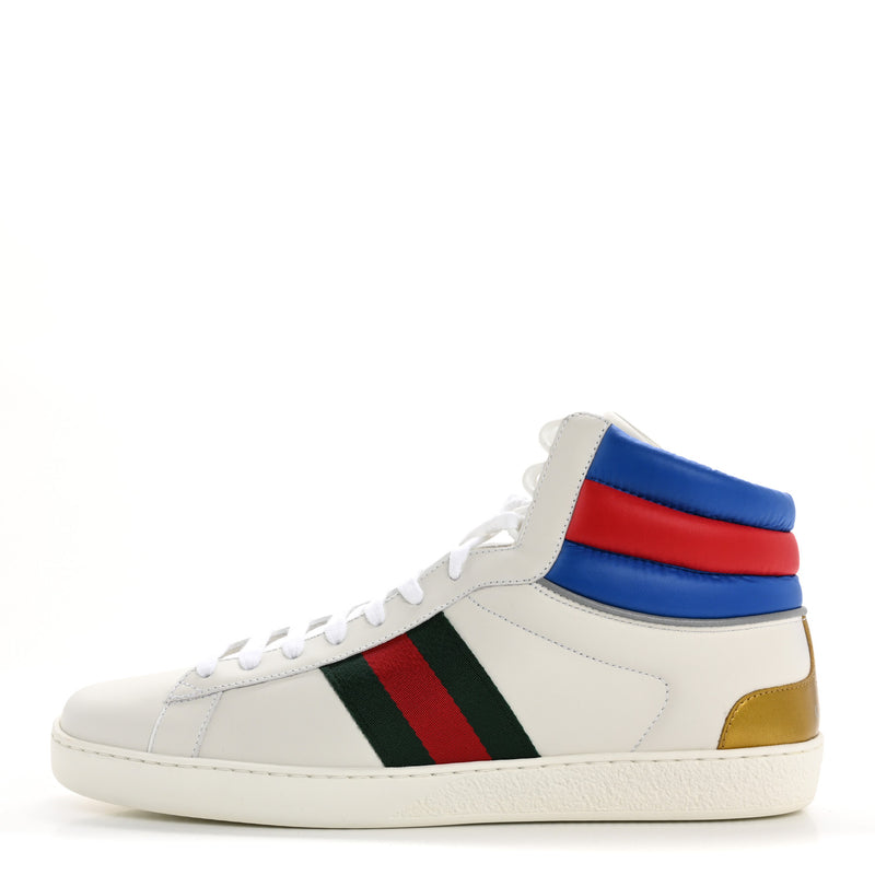  Gucci Calfskin Web Mens Ace High Top Sneakers 9 White Bright Splash