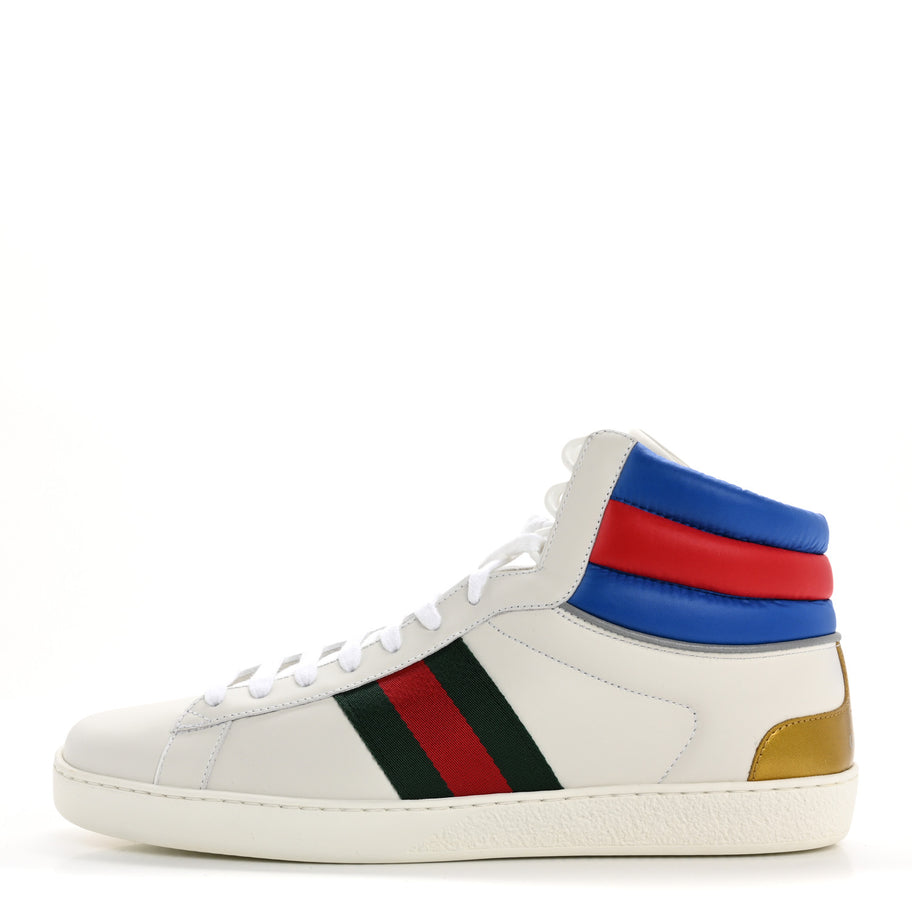 Gucci Calfskin Web Mens Ace High Top Sneakers 9 White Bright Splash Image 1