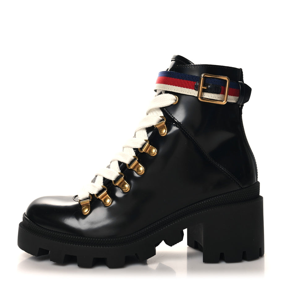 Gucci Calfskin Sylvie Web Lace Up Combat Boots 35 Black Image 1