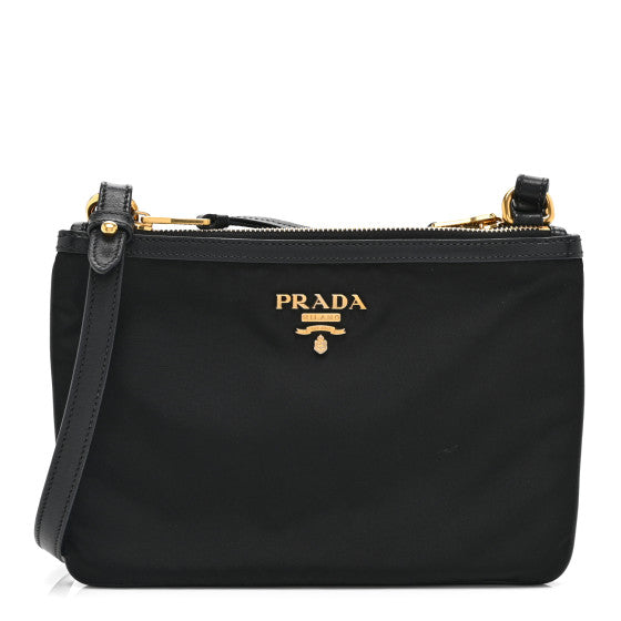  Prada Tessuto Nylon Soft Calf Double Zip Crossbody Bag Black