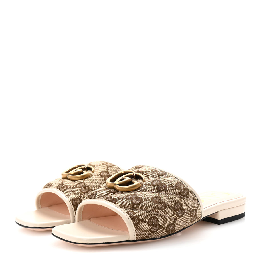 Gucci Monogram Matelasse Diagonal GG Marmont Flat Slide Sandals 35 Beige Ebony Mystic White Image 4