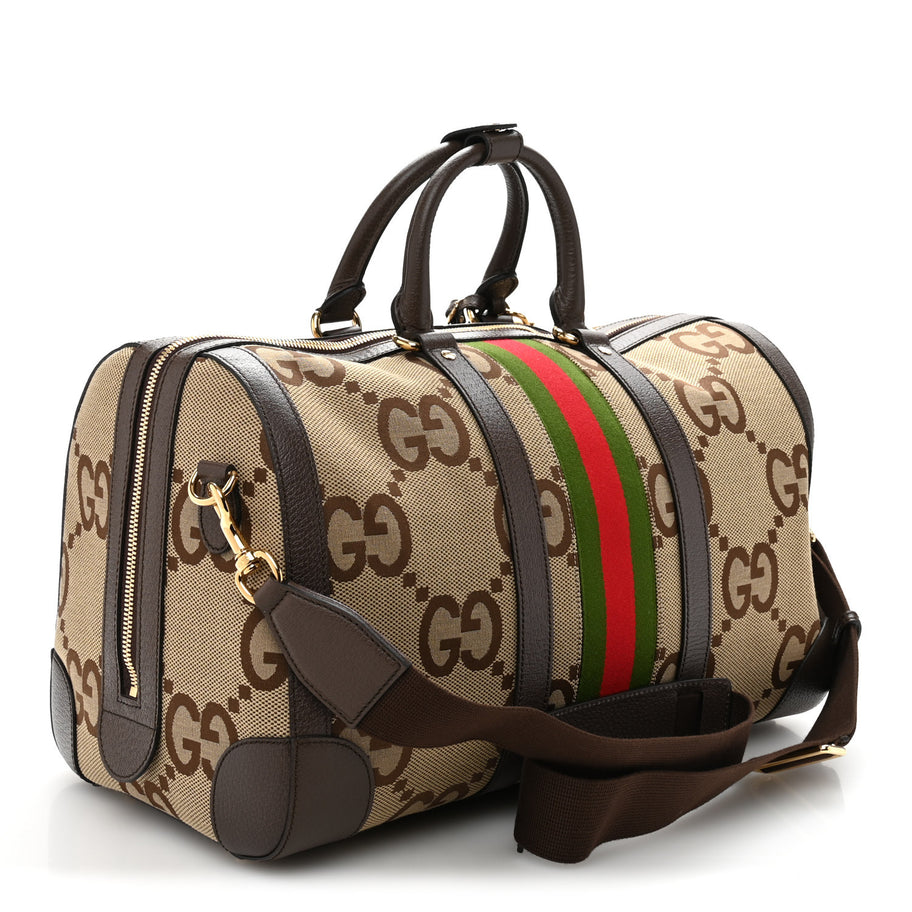 Gucci Monogram Jumbo GG Textured Dollar Calfskin Web Medium Duffle Bag Camel Ebony Image 2